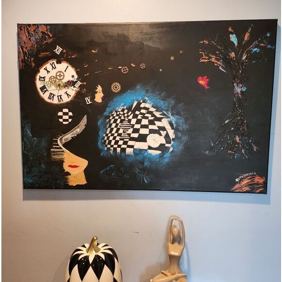 Abstract Art Canvas with Clock and Checkered Patterns - Picture 1 of 5